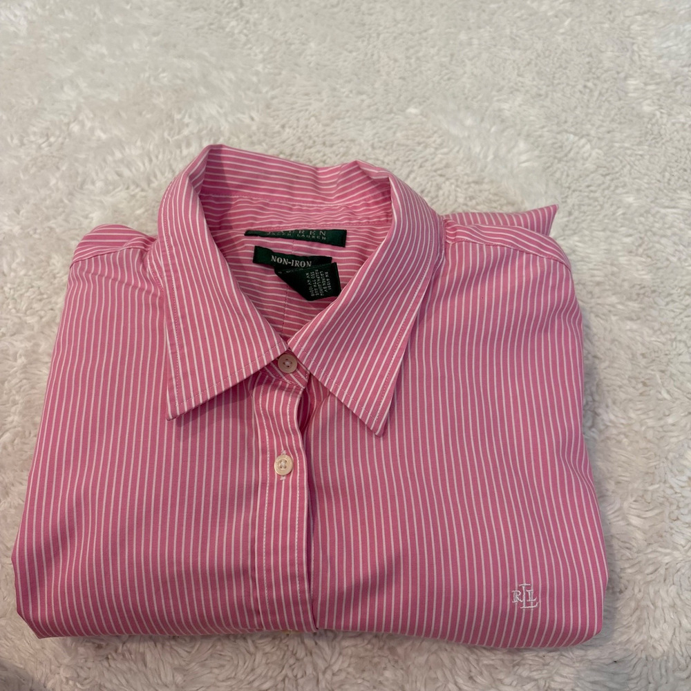LRL Womens Pink Striped Non-Iron Cotton Button Down 2X Preppy Business Casual